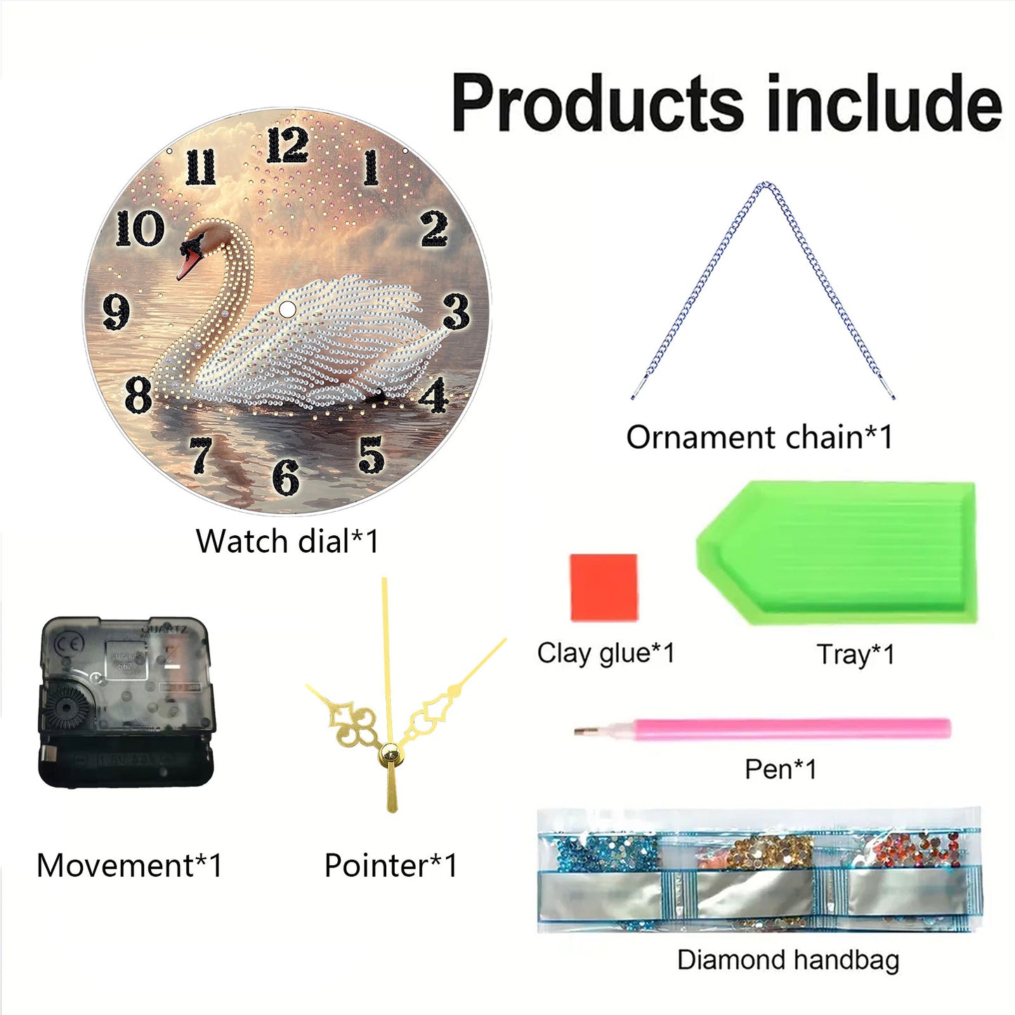 White swan 2D Flat DIY Acrylic Diamonds Painting Clocks Home   Bedroom Decor