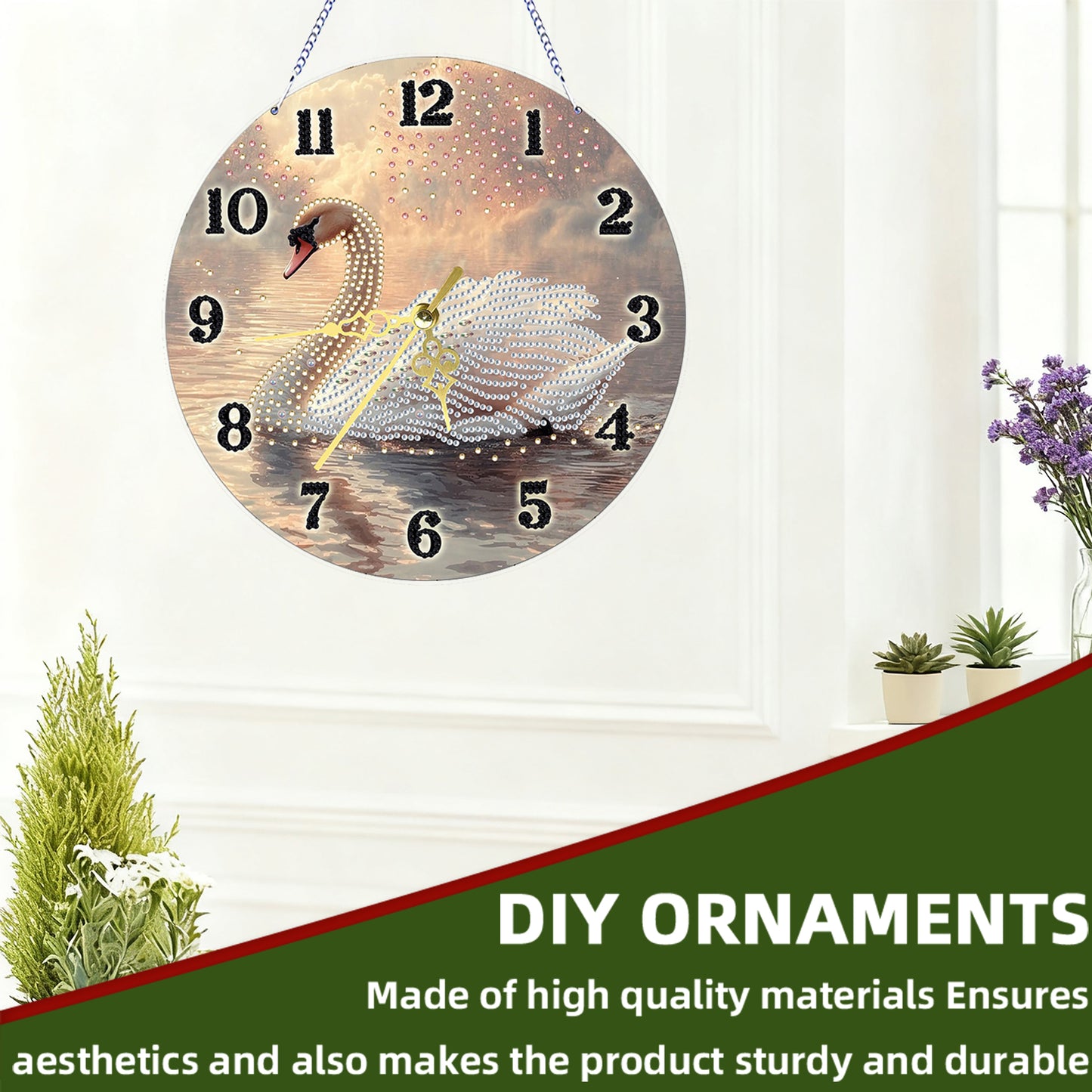 White swan 2D Flat DIY Acrylic Diamonds Painting Clocks Home   Bedroom Decor