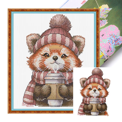 A Little Panda Drinking Coffee - 14CT Stamped Cross Stitch 19*22CM(Joy Sunday)