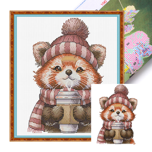A Little Panda Drinking Coffee - 14CT Stamped Cross Stitch 19*22CM(Joy Sunday)