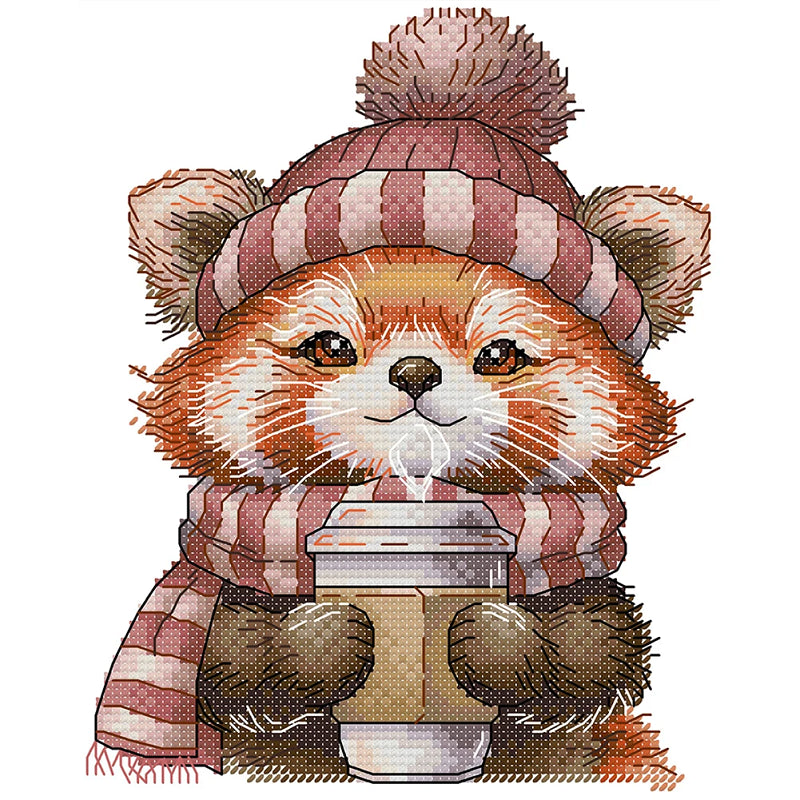 A Little Panda Drinking Coffee - 14CT Stamped Cross Stitch 19*22CM(Joy Sunday)