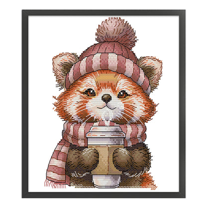A Little Panda Drinking Coffee - 14CT Stamped Cross Stitch 19*22CM(Joy Sunday)