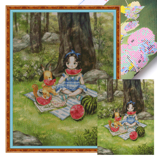 Forest Girl'S Diary: Eating Watermelon - 14CT Stamped Cross Stitch 46*60CM(Xiaobai)