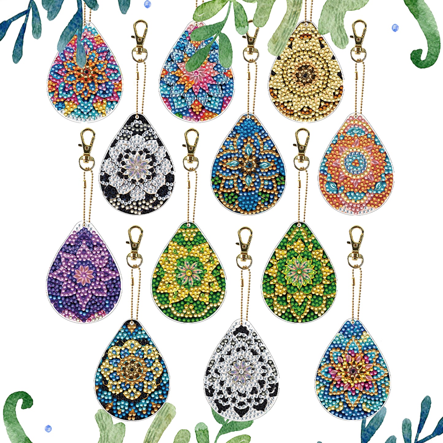 Mandala 12Pcs 2D Flat DIY Diamond Painting Keychain PVC Crystal Painting Keyring