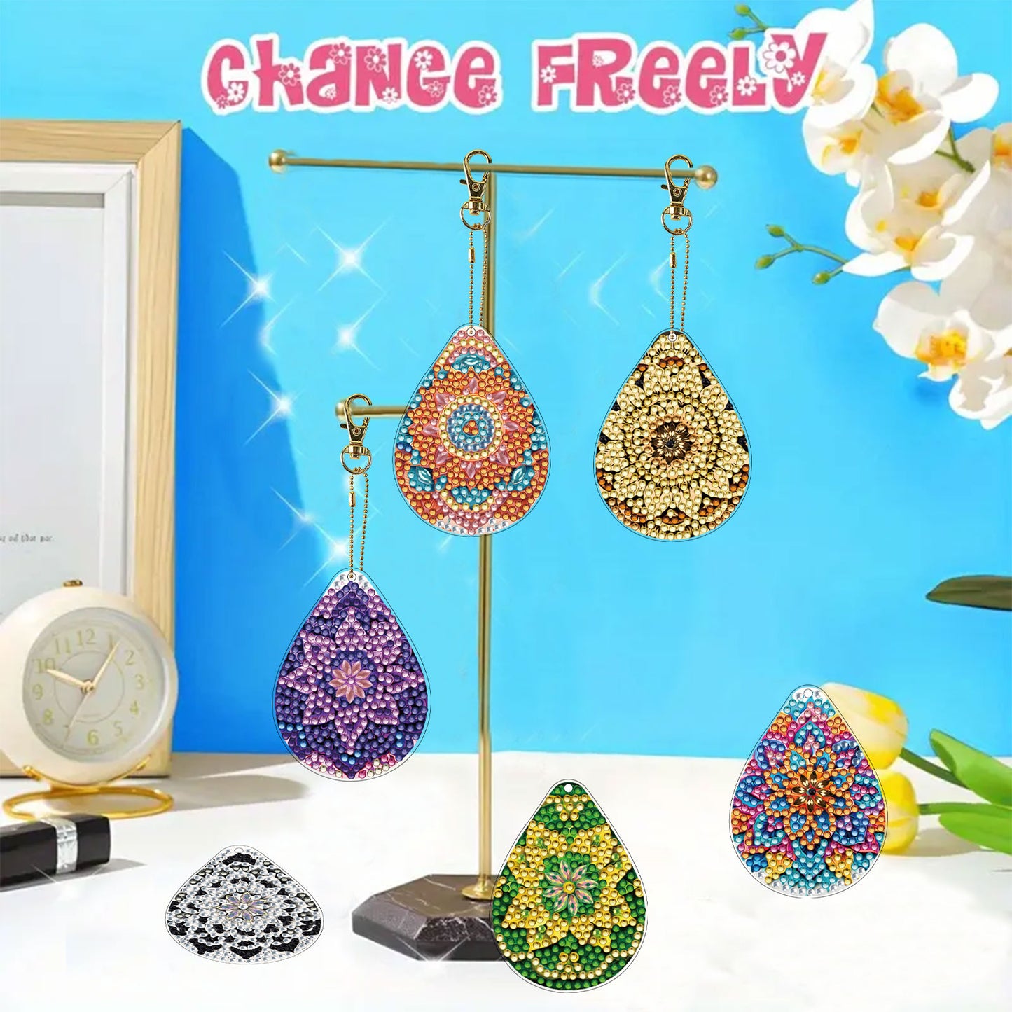 Mandala 12Pcs 2D Flat DIY Diamond Painting Keychain PVC Crystal Painting Keyring