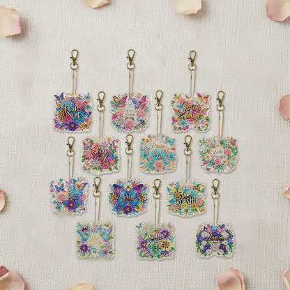 Letters 12Pcs 2D Flat DIY Diamond Painting Keychain PVC Crystal Painting Keyring