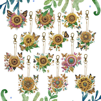 Sunflower 12Pcs 2D Flat DIY Diamond Painting Keychain Crystal Painting Keyring