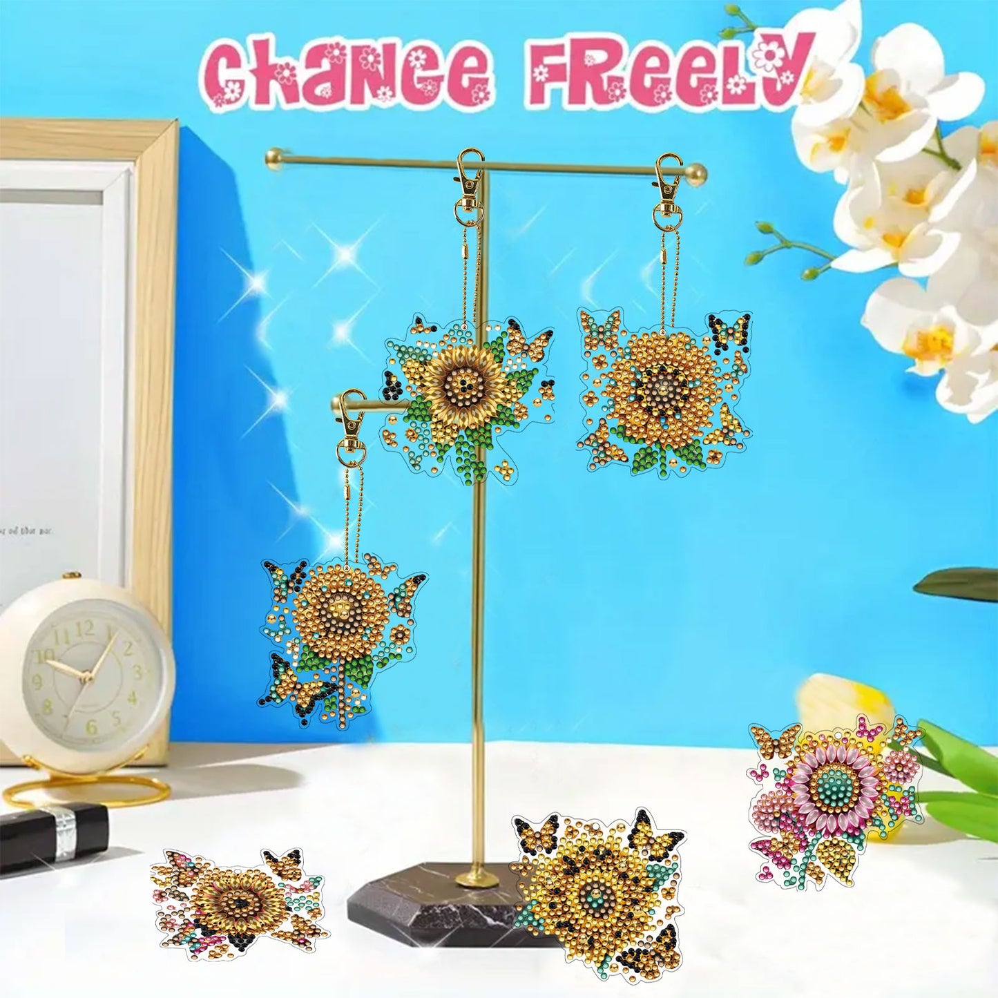 Sunflower 12Pcs 2D Flat DIY Diamond Painting Keychain Crystal Painting Keyring