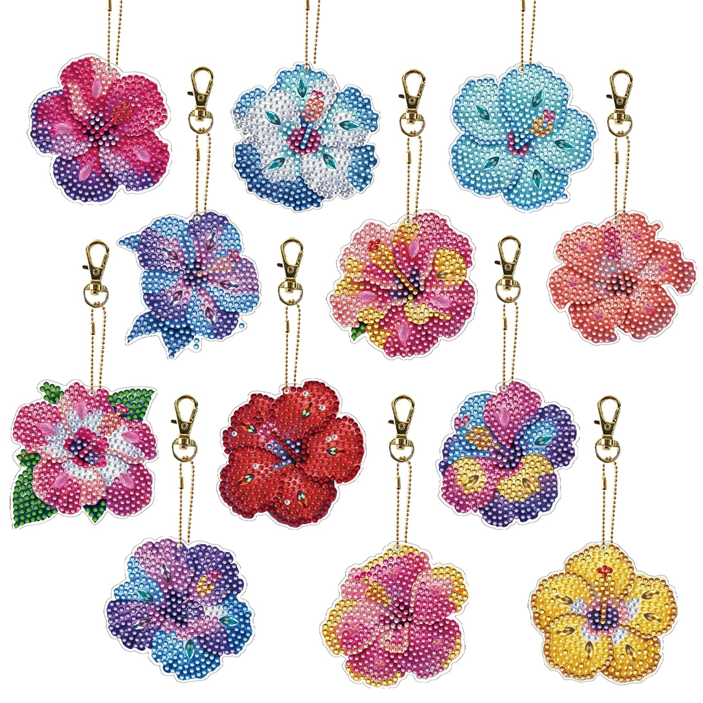 Flower 12Pcs 2D Flat DIY Diamond Painting Keychain PVC Crystal Painting Keyring