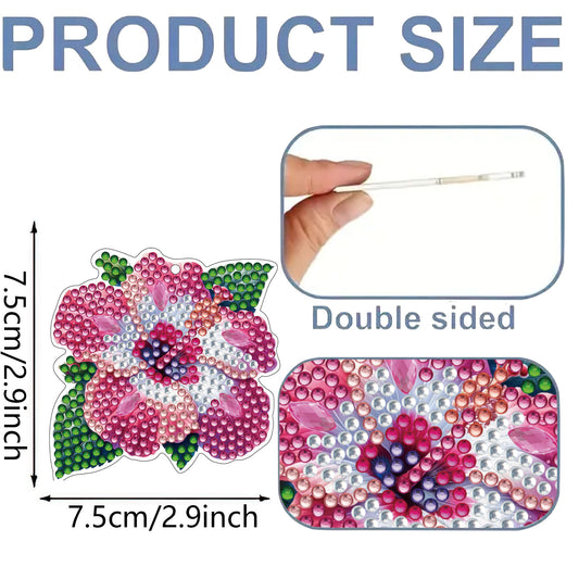 Flower 12Pcs 2D Flat DIY Diamond Painting Keychain PVC Crystal Painting Keyring