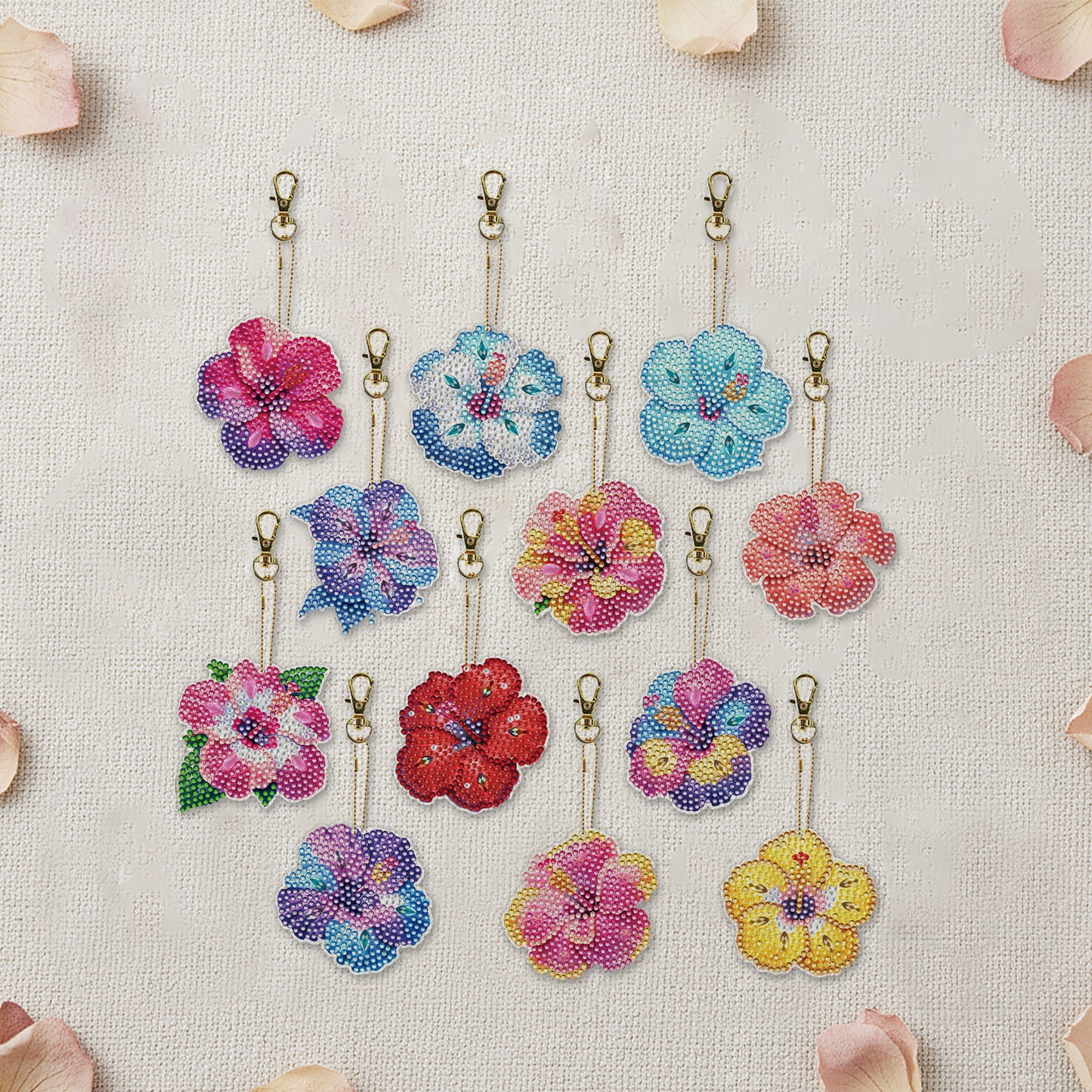 Flower 12Pcs 2D Flat DIY Diamond Painting Keychain PVC Crystal Painting Keyring