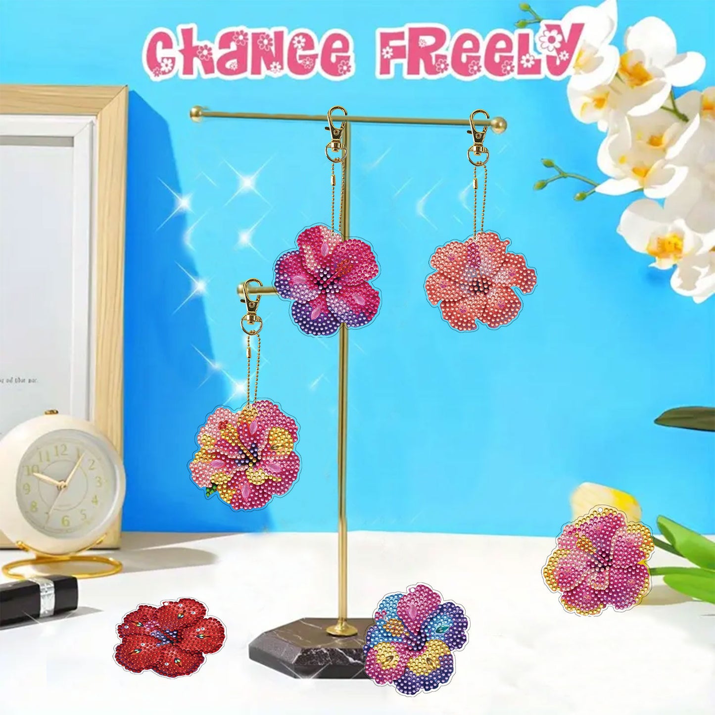 Flower 12Pcs 2D Flat DIY Diamond Painting Keychain PVC Crystal Painting Keyring