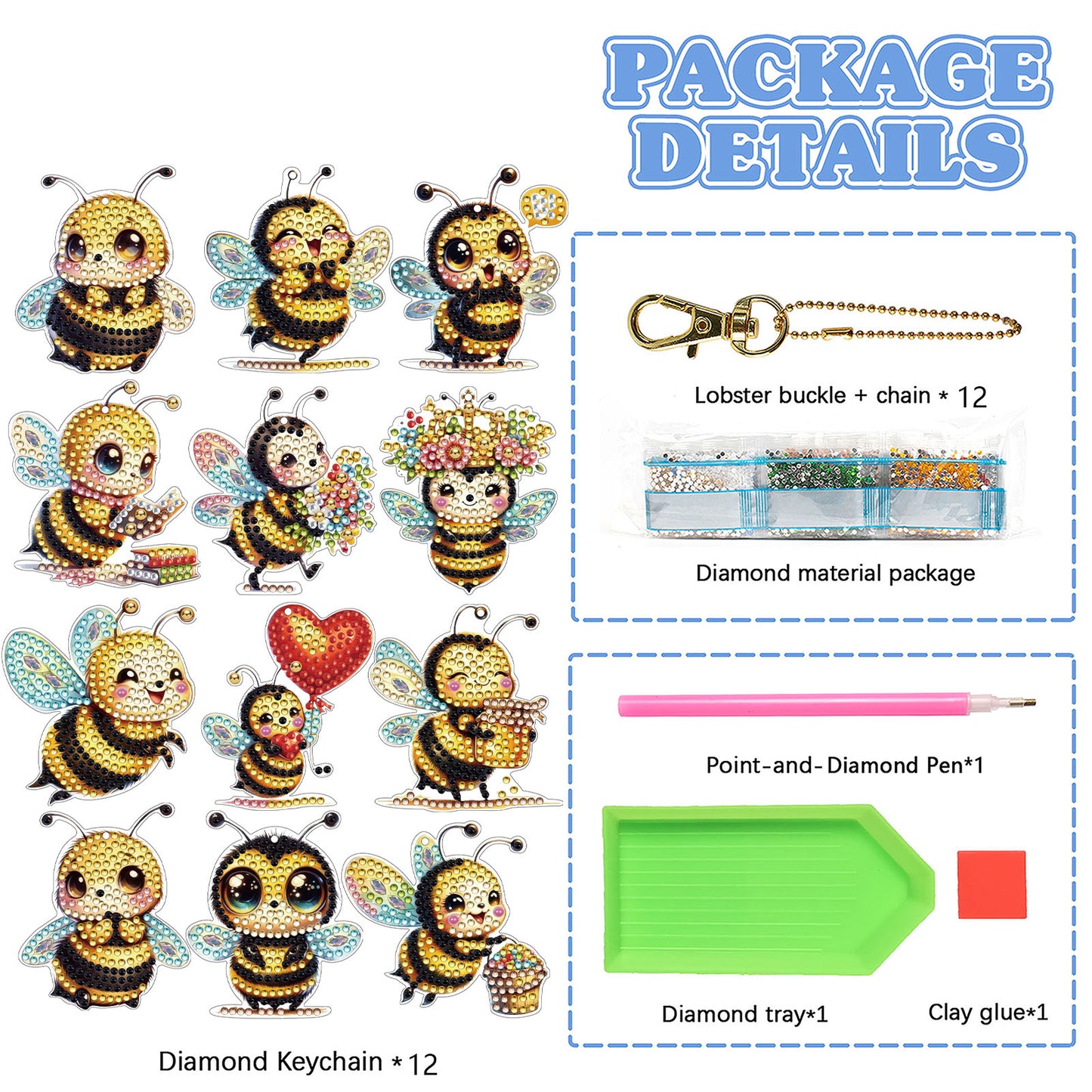 Bee 12Pcs 2D Flat DIY Diamond Painting Keychain PVC Crystal Painting Keyring