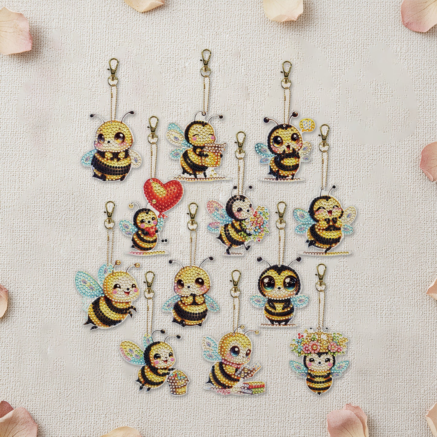 Bee 12Pcs 2D Flat DIY Diamond Painting Keychain PVC Crystal Painting Keyring