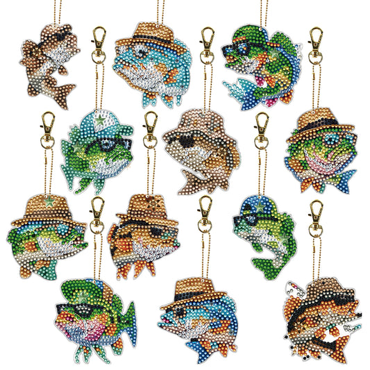 Fish 12Pcs 2D Flat DIY Diamond Painting Keychain PVC Crystal Painting Keyring