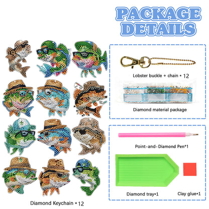 Fish 12Pcs 2D Flat DIY Diamond Painting Keychain PVC Crystal Painting Keyring