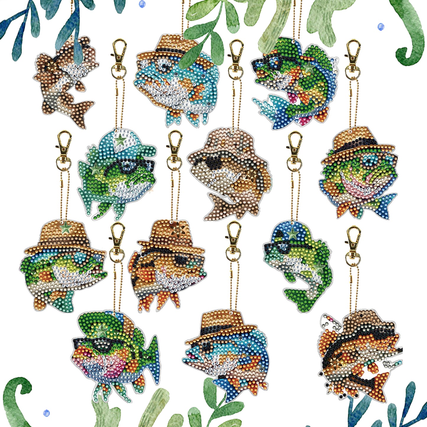 Fish 12Pcs 2D Flat DIY Diamond Painting Keychain PVC Crystal Painting Keyring