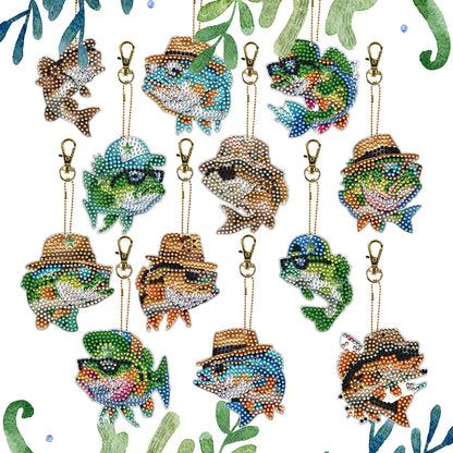 Fish 12Pcs 2D Flat DIY Diamond Painting Keychain PVC Crystal Painting Keyring