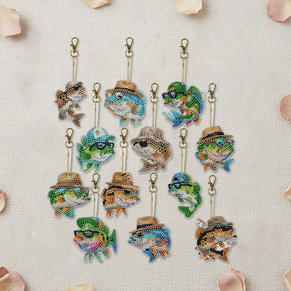 Fish 12Pcs 2D Flat DIY Diamond Painting Keychain PVC Crystal Painting Keyring