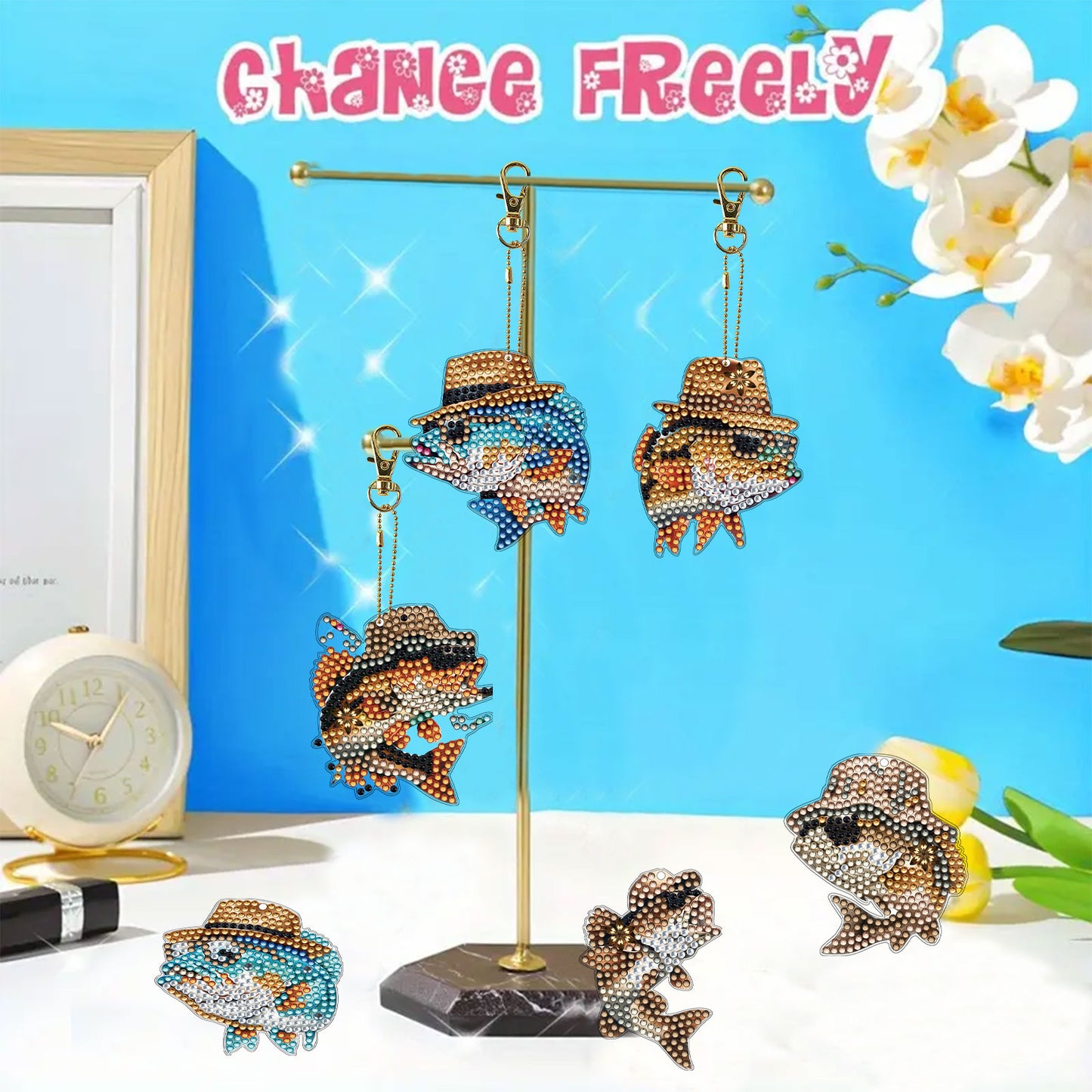 Fish 12Pcs 2D Flat DIY Diamond Painting Keychain PVC Crystal Painting Keyring