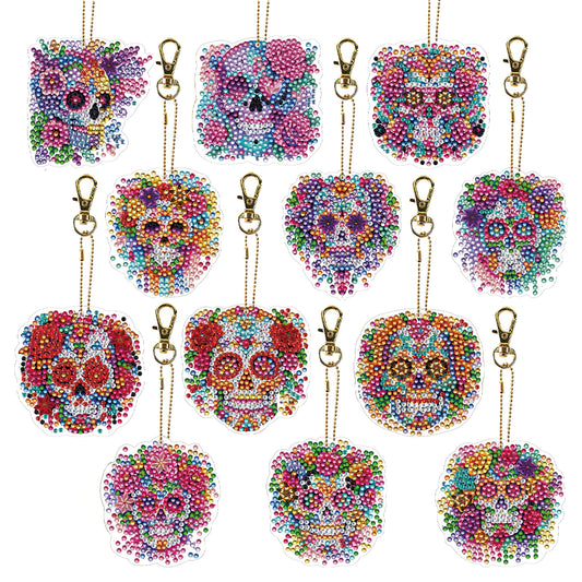 12Pcs 2D Flat DIY Diamond Painting Keychain Crystal Painting Keyring Key Storage