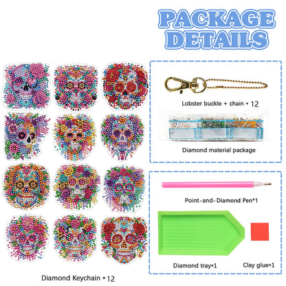 12Pcs 2D Flat DIY Diamond Painting Keychain Crystal Painting Keyring Key Storage
