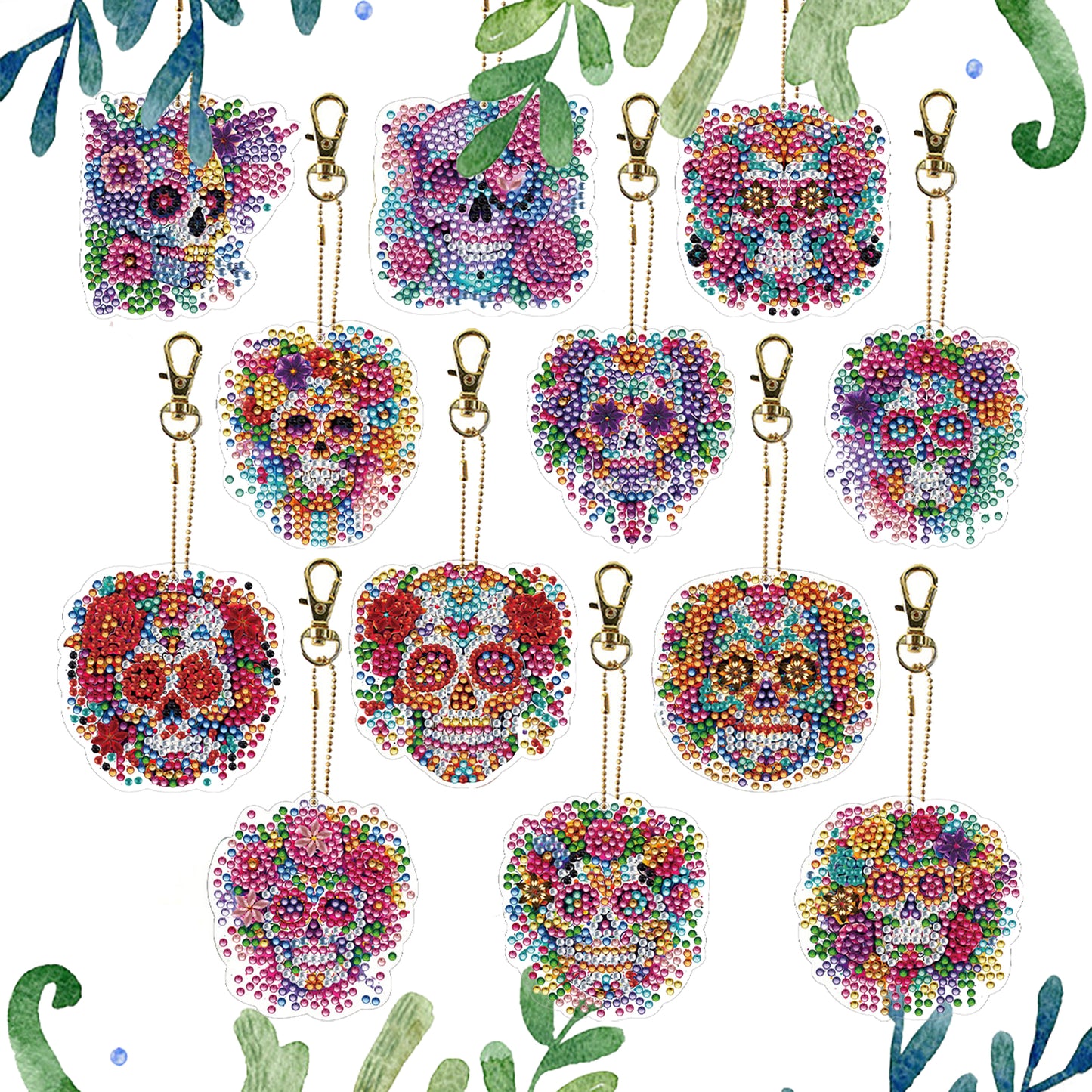 12Pcs 2D Flat DIY Diamond Painting Keychain Crystal Painting Keyring Key Storage