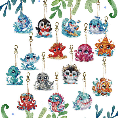 15Pcs Marine Animal DiY Double-Sided Diamond Art Keychain Ornaments Party Decor