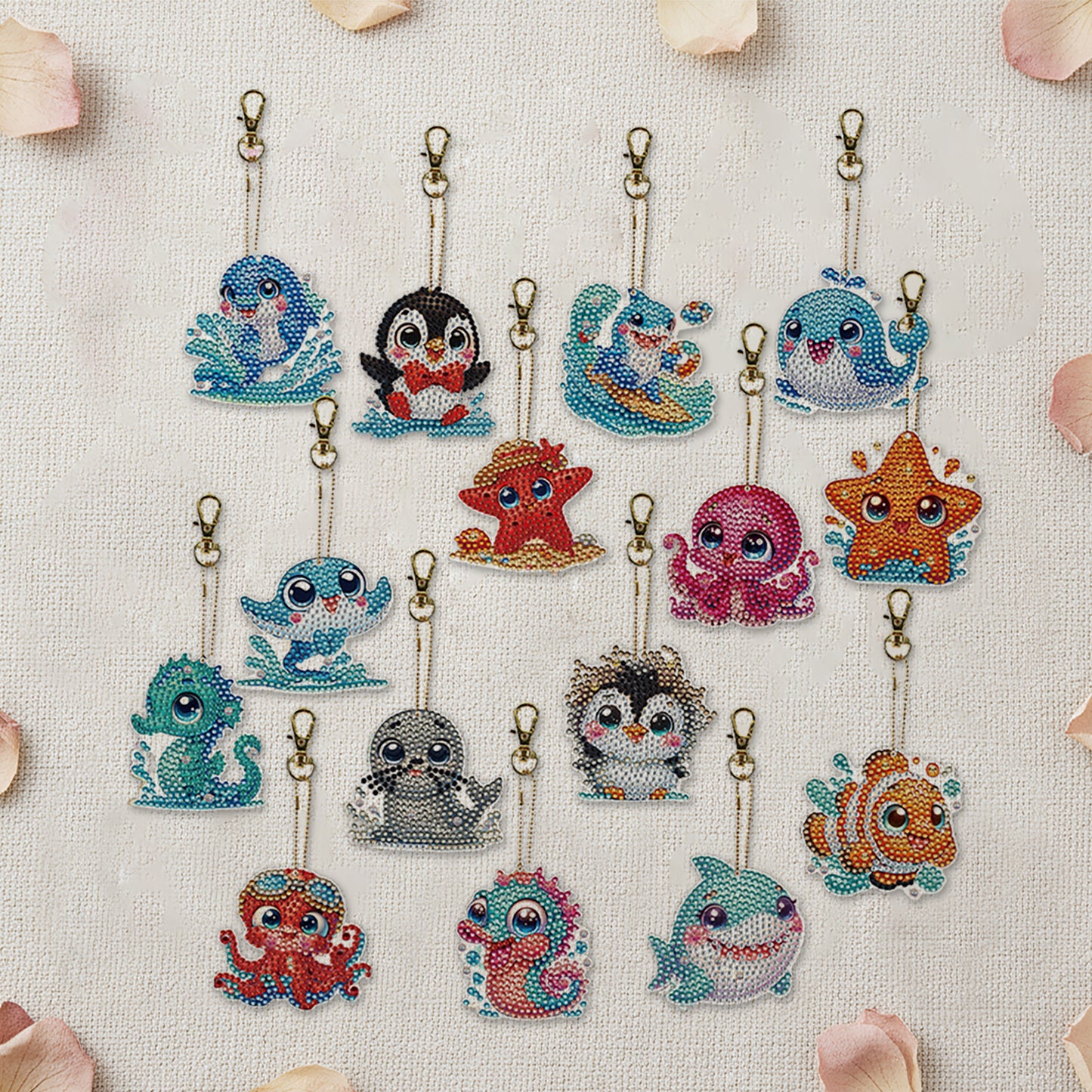15Pcs Marine Animal DiY Double-Sided Diamond Art Keychain Ornaments Party Decor
