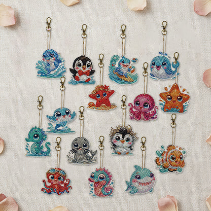 15Pcs Marine Animal DiY Double-Sided Diamond Art Keychain Ornaments Party Decor