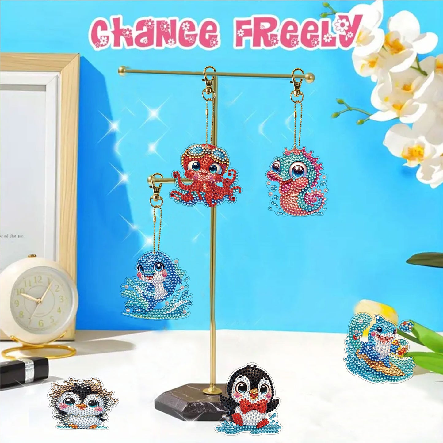 15Pcs Marine Animal DiY Double-Sided Diamond Art Keychain Ornaments Party Decor