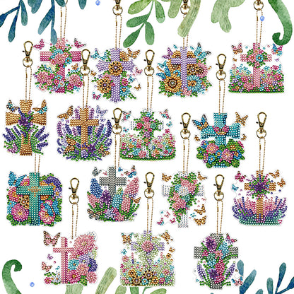 15Pcs Flowers Crosses DiY Double-Sided Diamond Art Keychain Ornament Party Decor