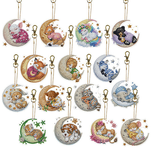 15Pcs Goodnight Animal DiY Double-Sided Diamond Art Keychain Ornament Party Gfit
