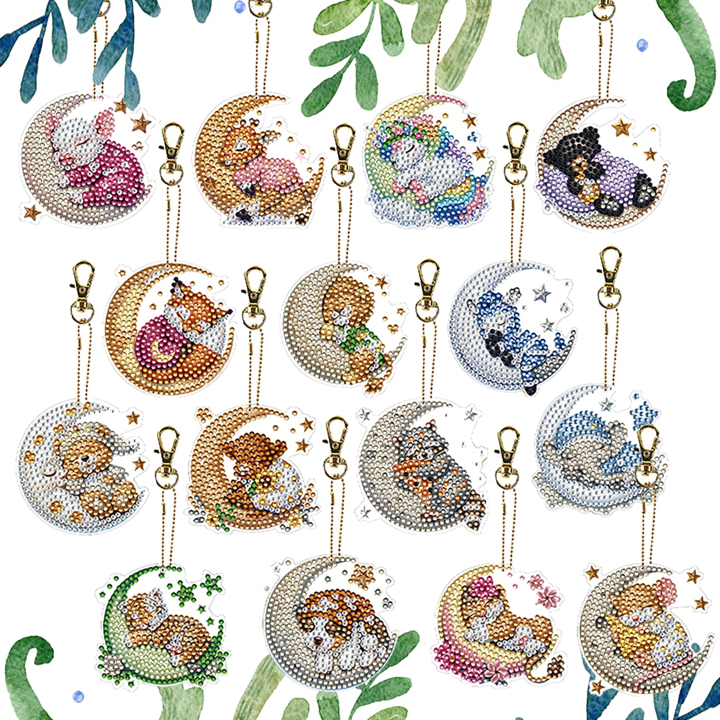 15Pcs Goodnight Animal DiY Double-Sided Diamond Art Keychain Ornament Party Gfit