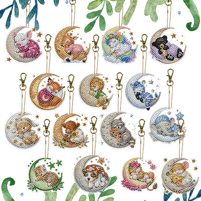 15Pcs Goodnight Animal DiY Double-Sided Diamond Art Keychain Ornament Party Gfit