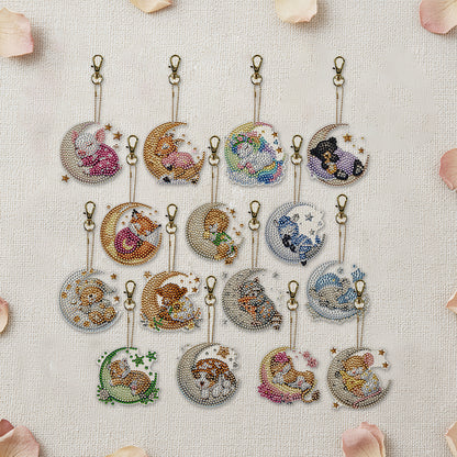 15Pcs Goodnight Animal DiY Double-Sided Diamond Art Keychain Ornament Party Gfit