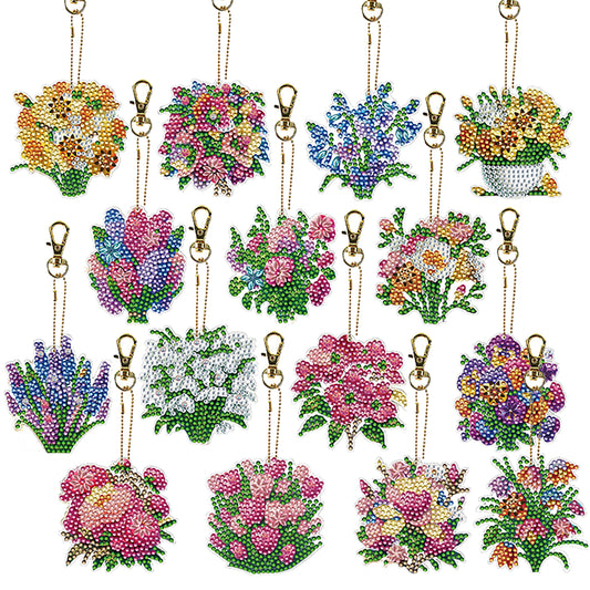 15Pcs Flowers DiY Double-Sided Diamond Art Keychain Ornaments Party Crafts Decor