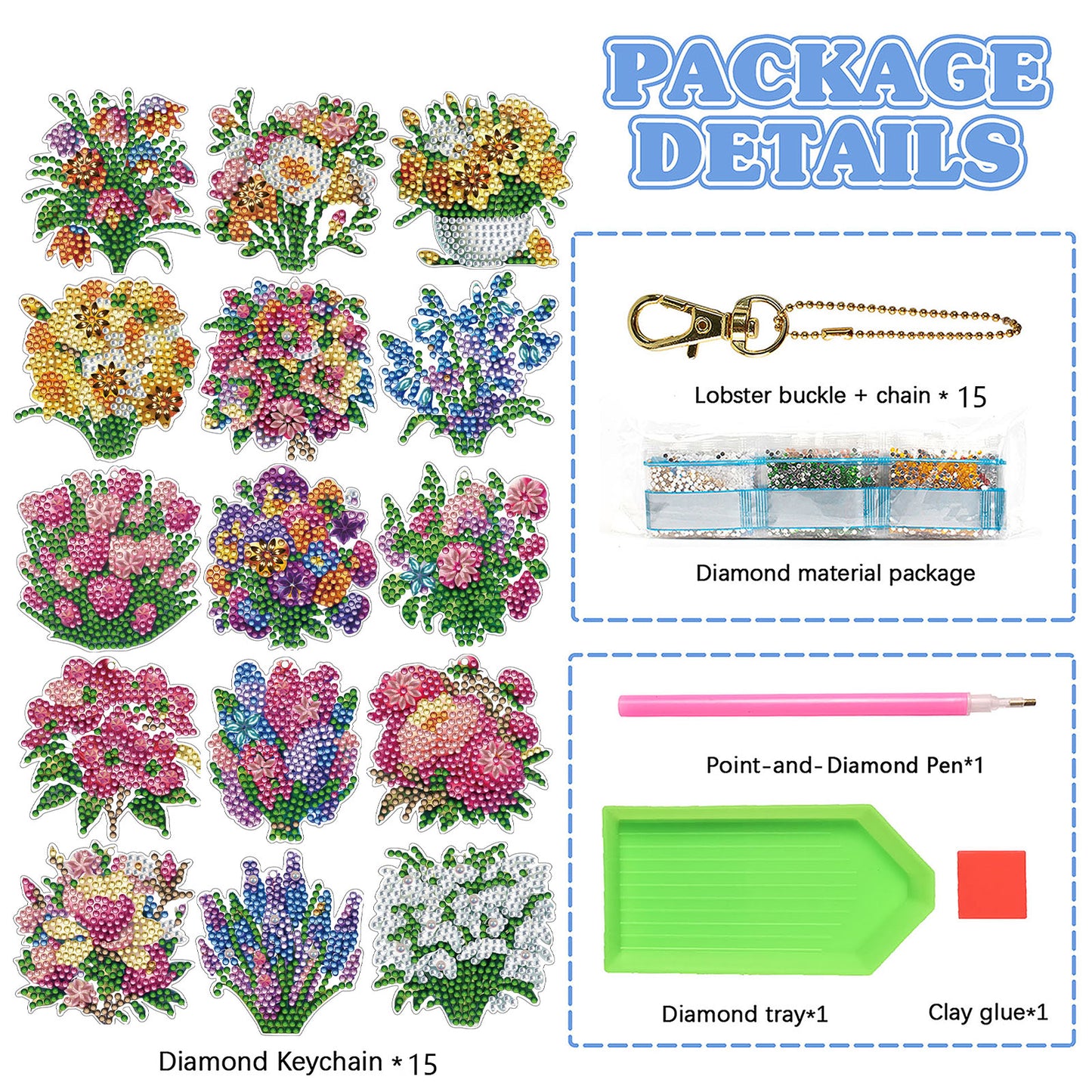 15Pcs Flowers DiY Double-Sided Diamond Art Keychain Ornaments Party Crafts Decor