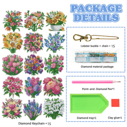 15Pcs Flowers DiY Double-Sided Diamond Art Keychain Ornaments Party Crafts Decor