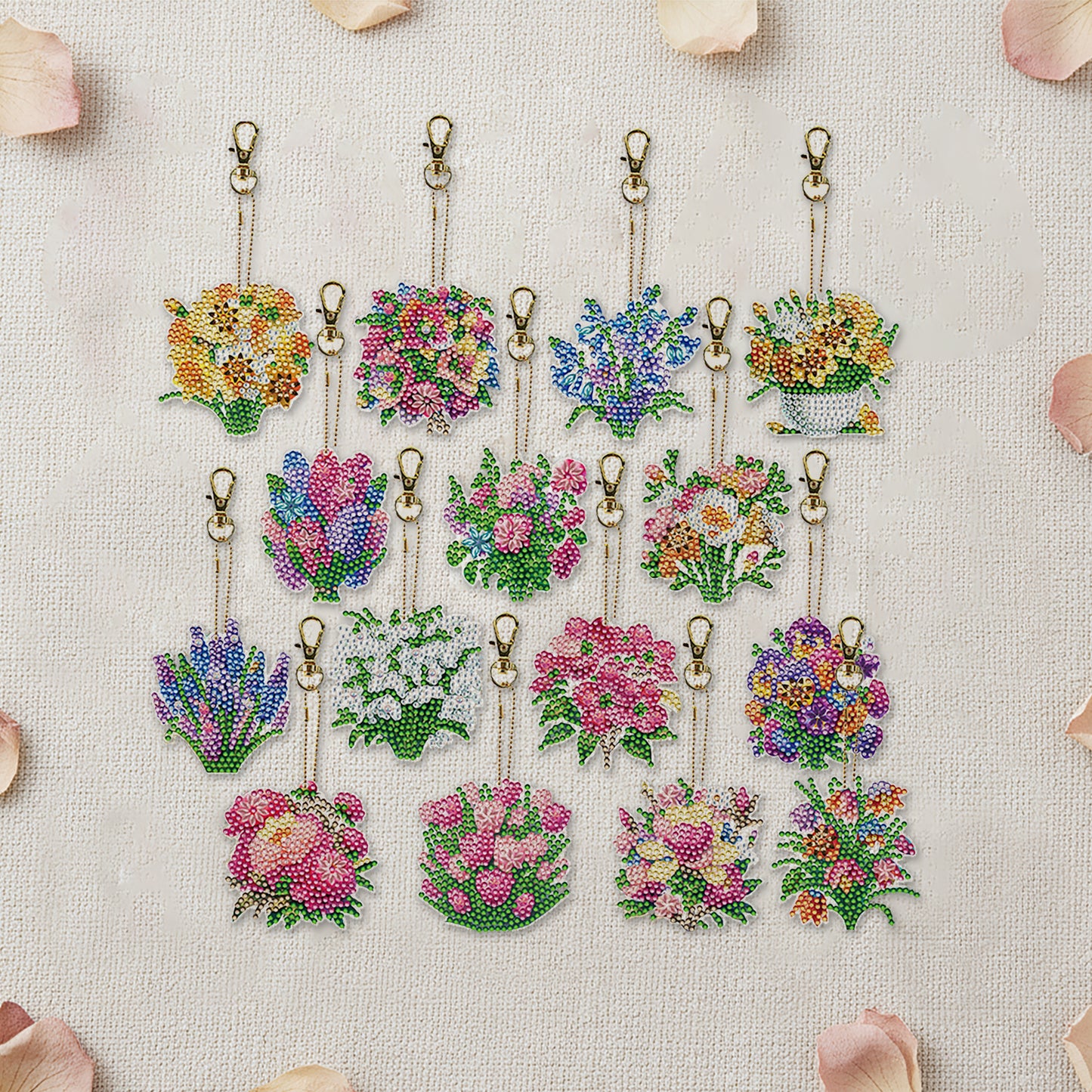 15Pcs Flowers DiY Double-Sided Diamond Art Keychain Ornaments Party Crafts Decor