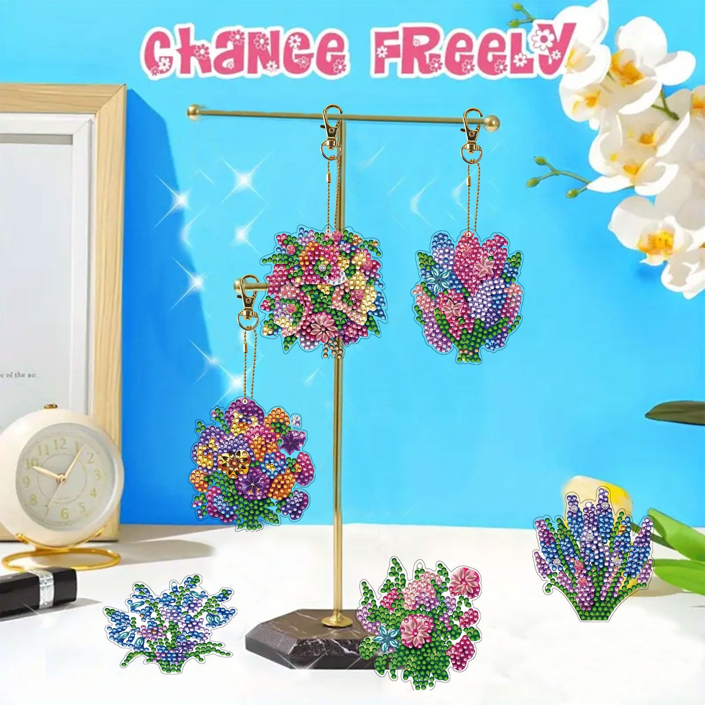 15Pcs Flowers DiY Double-Sided Diamond Art Keychain Ornaments Party Crafts Decor