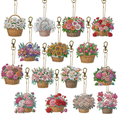 15Pcs Flower Basket DiY Double-Sided Diamond Art Keychain Ornaments Party Decor