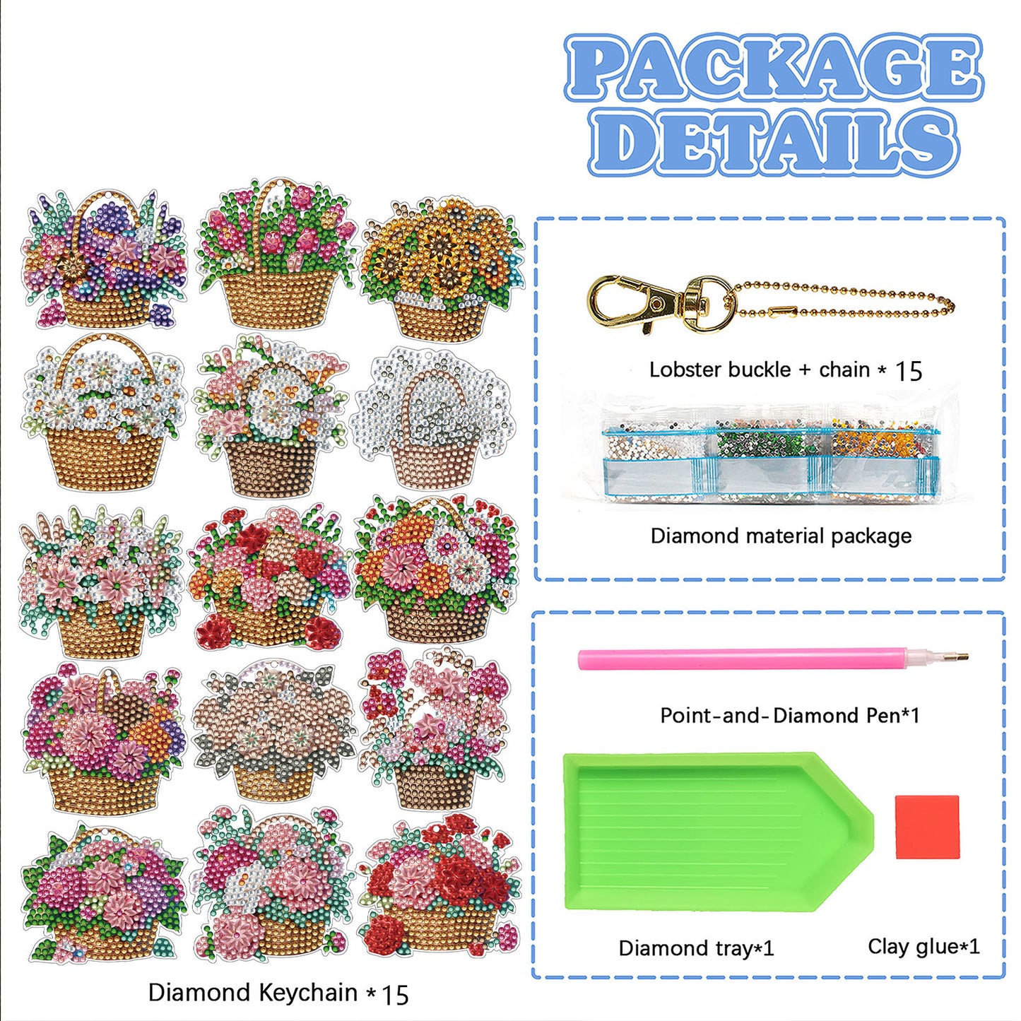 15Pcs Flower Basket DiY Double-Sided Diamond Art Keychain Ornaments Party Decor