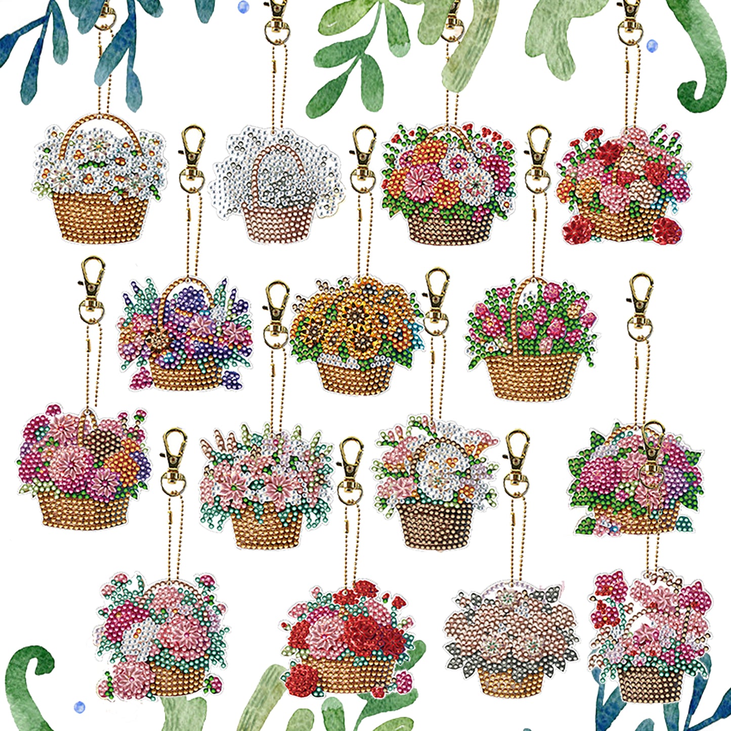 15Pcs Flower Basket DiY Double-Sided Diamond Art Keychain Ornaments Party Decor