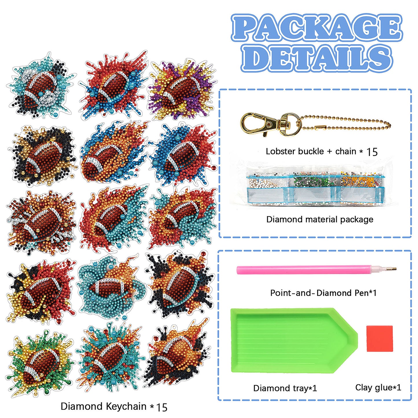 15Pcs Rugby DiY Double-Sided Diamond Art Keychain Ornaments Party Crafts Decor