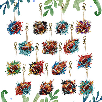 15Pcs Rugby DiY Double-Sided Diamond Art Keychain Ornaments Party Crafts Decor