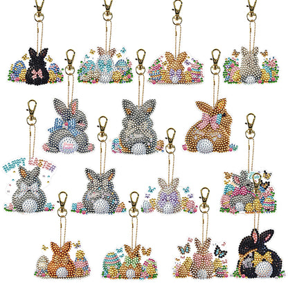 15Pcs Rabbit DiY Double-Sided Diamond Art Keychain Ornaments Party Crafts Decor