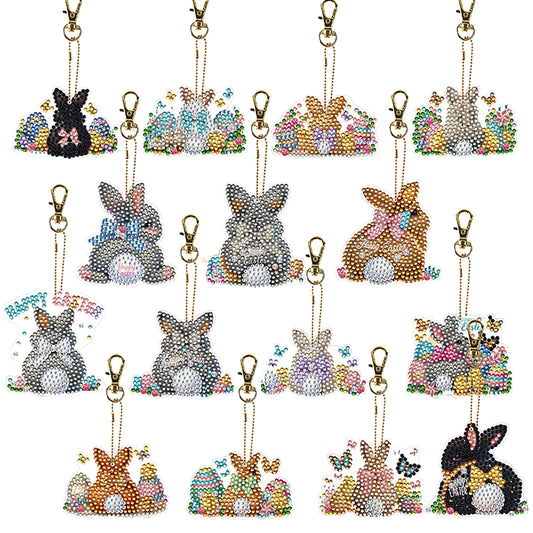 15Pcs Rabbit DiY Double-Sided Diamond Art Keychain Ornaments Party Crafts Decor