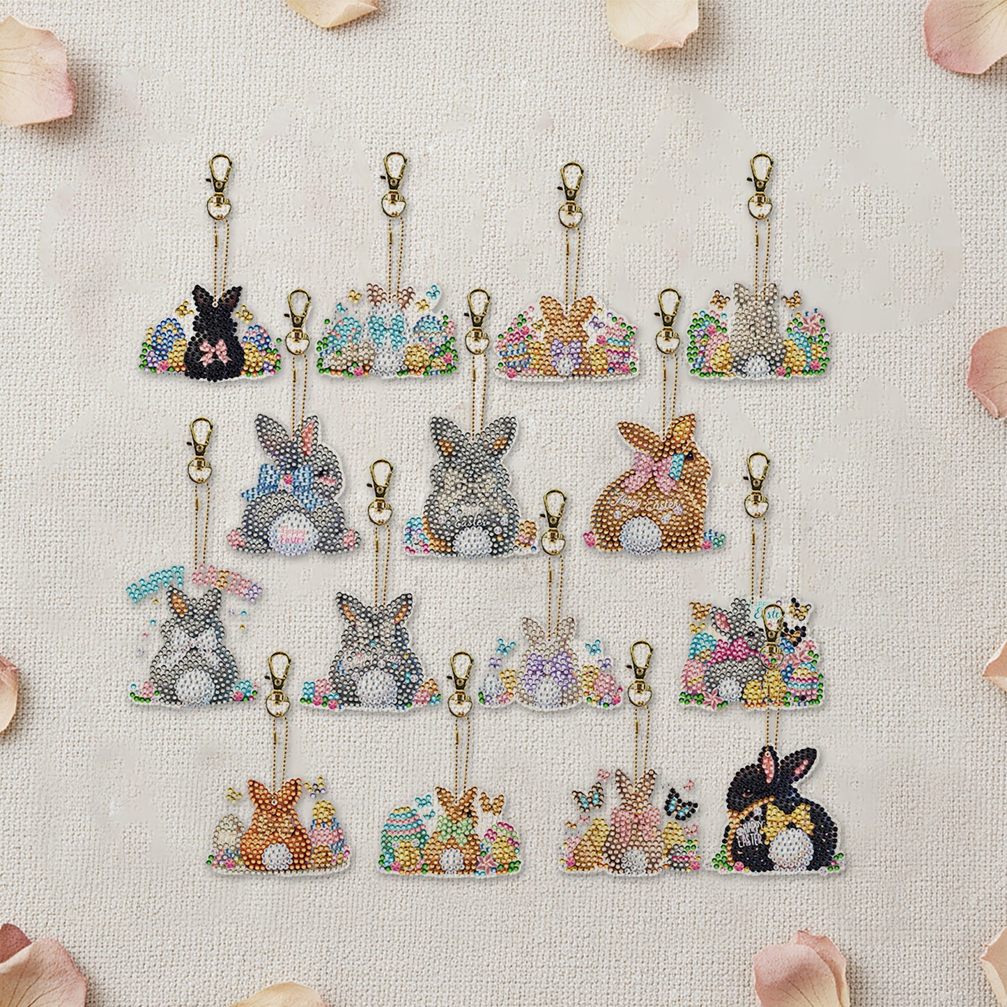 15Pcs Rabbit DiY Double-Sided Diamond Art Keychain Ornaments Party Crafts Decor