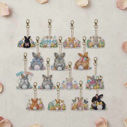 15Pcs Rabbit DiY Double-Sided Diamond Art Keychain Ornaments Party Crafts Decor
